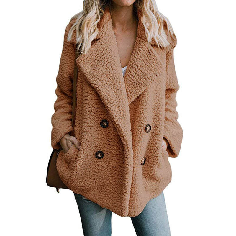 Autumn and Winter Women's Plush Button Lapels Pocket Coat Shirt