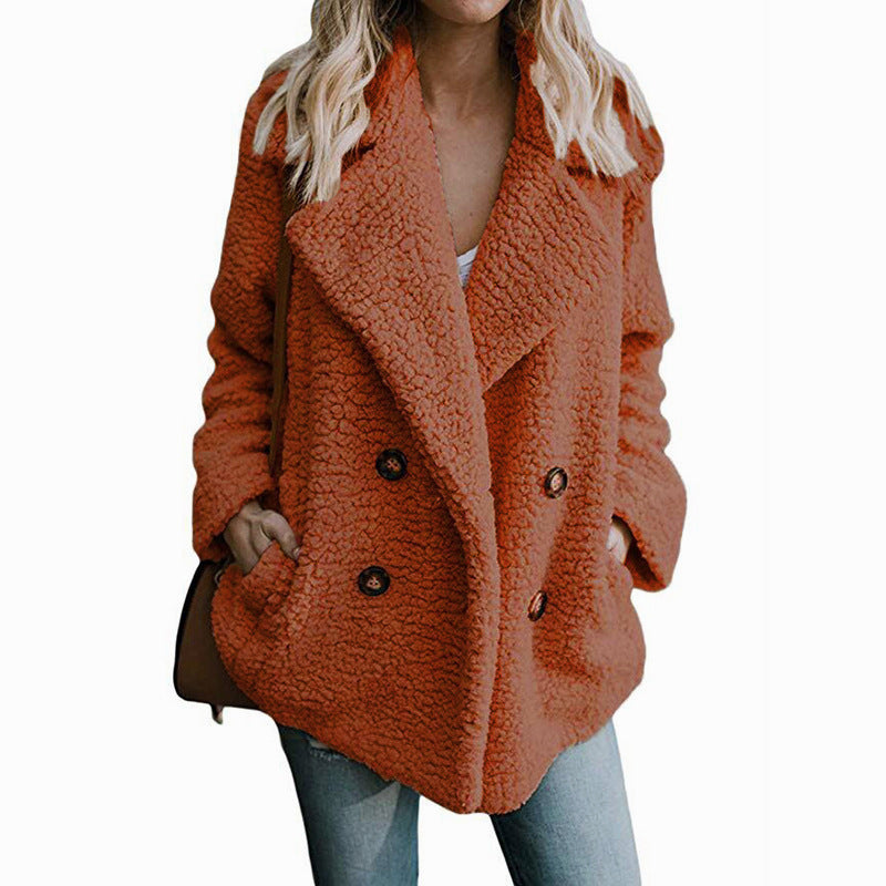 Autumn and Winter Women's Plush Button Lapels Pocket Coat Shirt