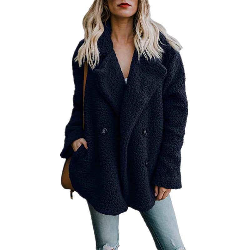 Autumn and Winter Women's Plush Button Lapels Pocket Coat Shirt