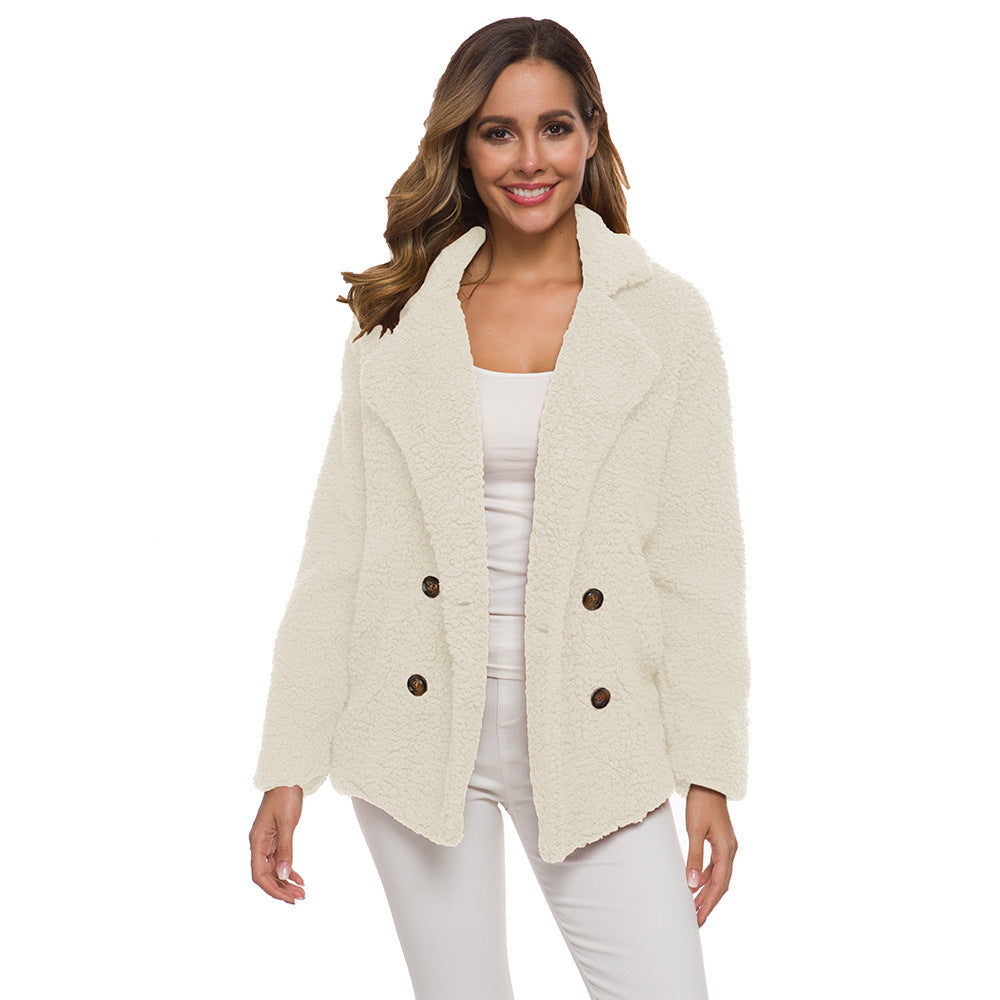 Autumn and Winter Women's Plush Button Lapels Pocket Coat Shirt