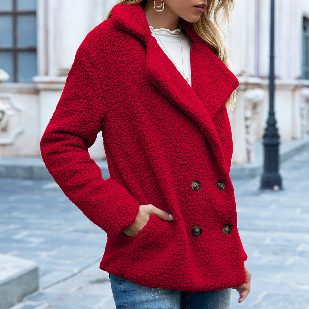 Autumn and Winter Women's Plush Button Lapels Pocket Coat Shirt