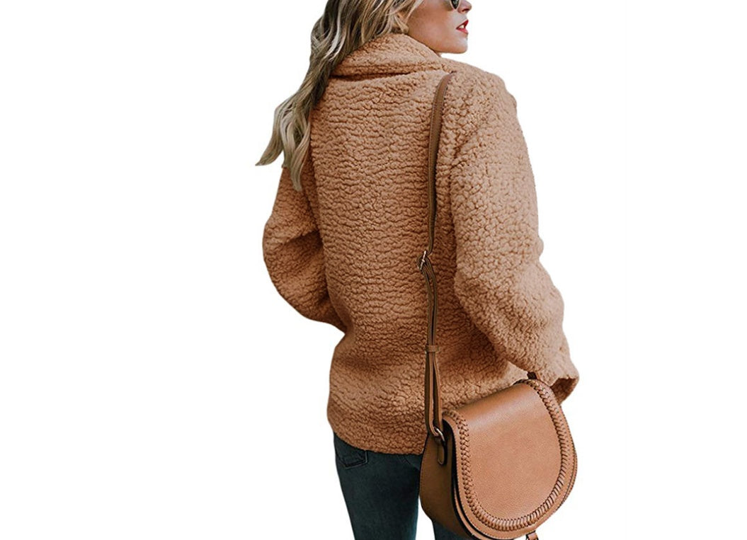 Autumn and Winter Women's Plush Button Lapels Pocket Coat Shirt