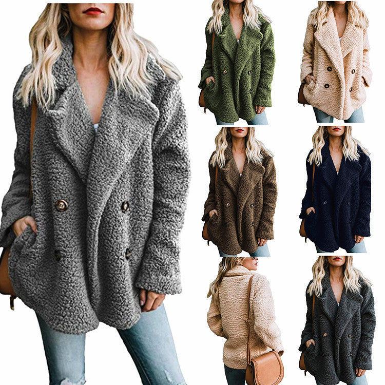 Autumn and Winter Women's Plush Button Lapels Pocket Coat Shirt
