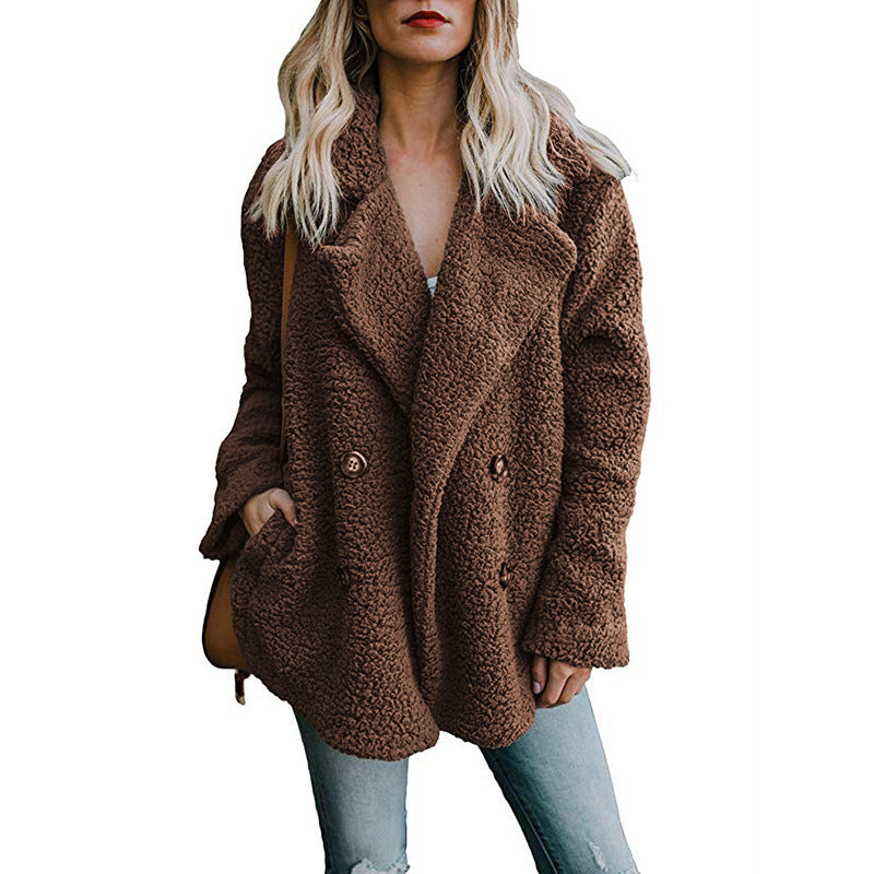 Autumn and Winter Women's Plush Button Lapels Pocket Coat Shirt
