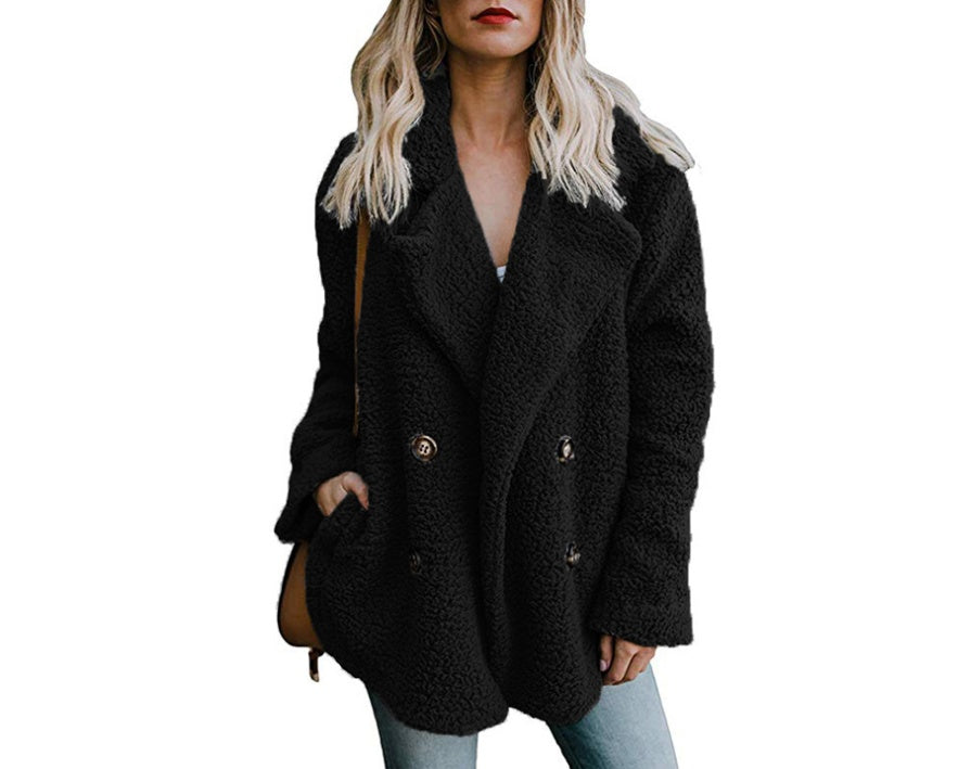Autumn and Winter Women's Plush Button Lapels Pocket Coat Shirt