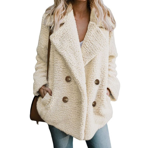 Autumn and Winter Women's Plush Button Lapels Pocket Coat Shirt