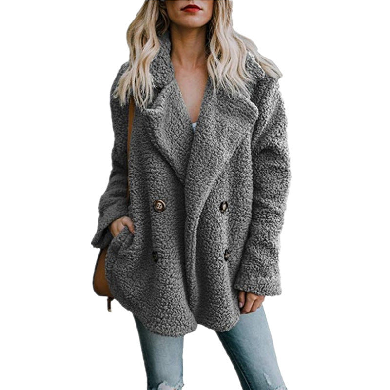 Autumn and Winter Women's Plush Button Lapels Pocket Coat Shirt